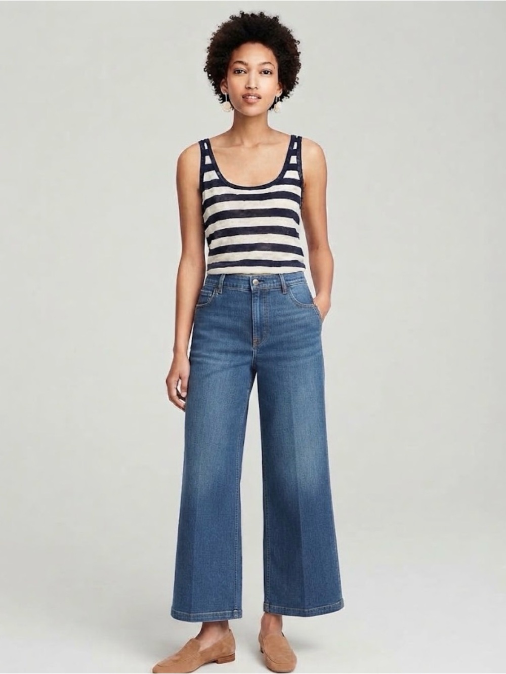 J. Crew Navy and Cream Linen Striped Scoop Tank